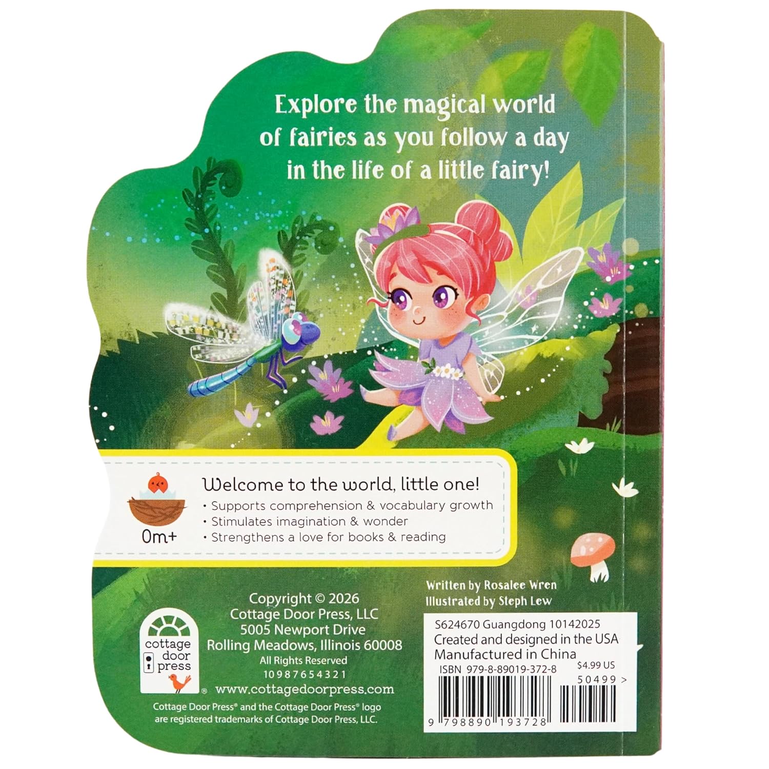 Back cover of a children's book with fairy illustrations and text.